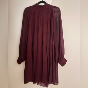 Burgundy H&M TIE-NECK PLISSÉ DRESS long sleeve mini dress mod style high neck